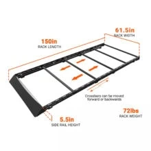 Heavy-duty adjustable roof rack with 150-inch length and 61.5-inch width, supporting 72 lbs weight f.
